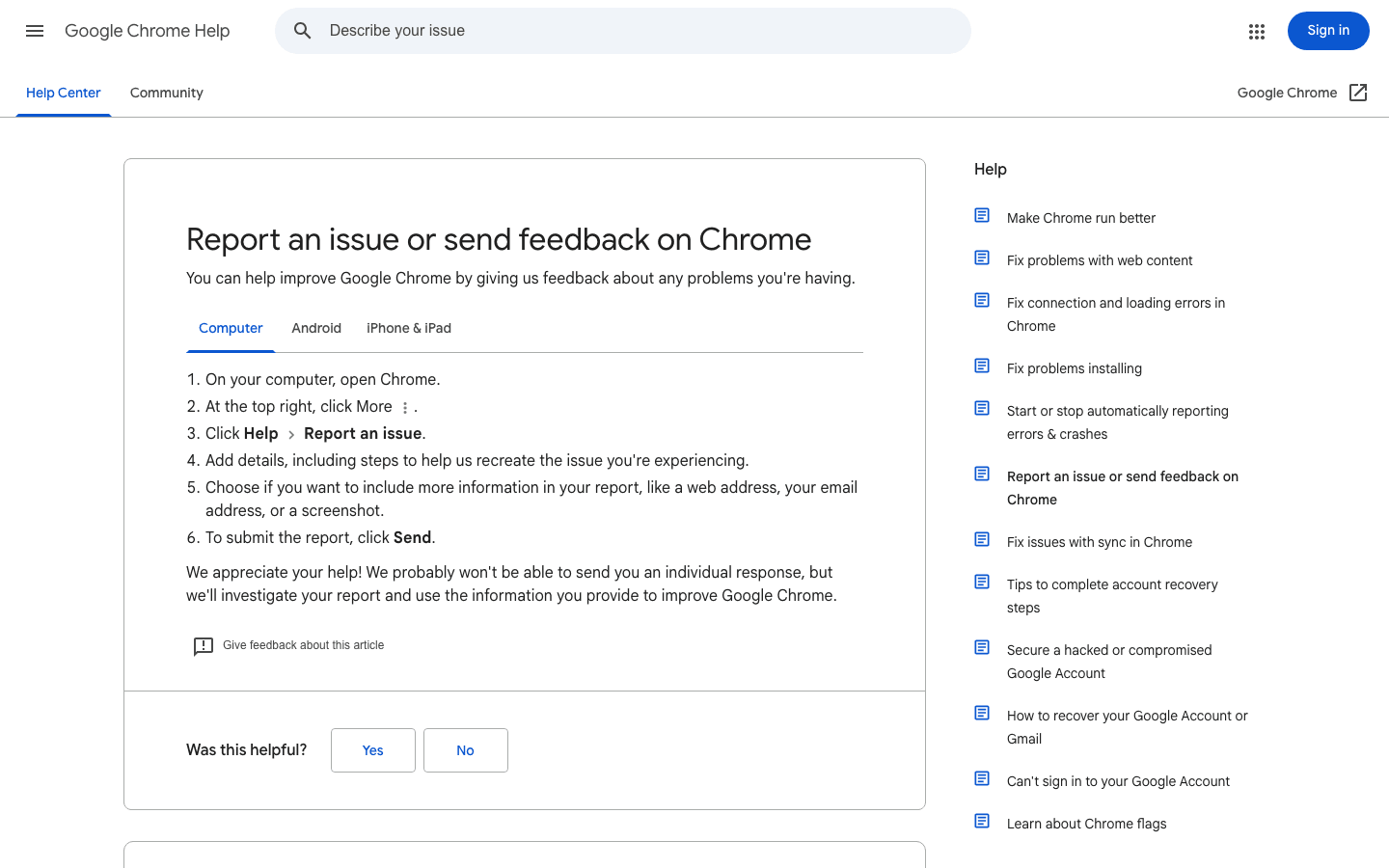 Chrome built-in feedback and bug report submission form