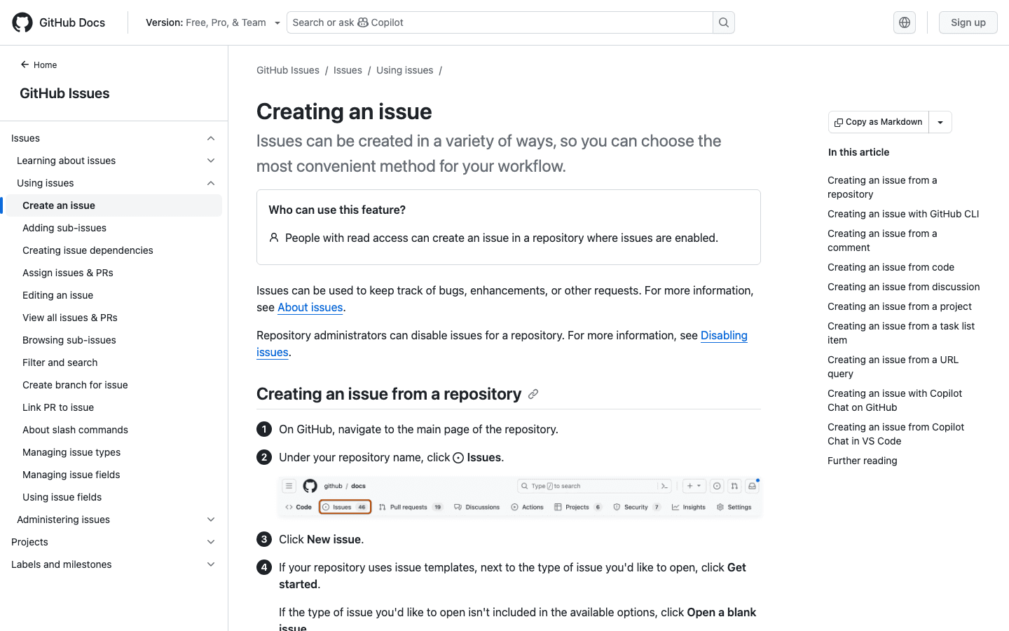 GitHub issue creation — creating an issue with templates