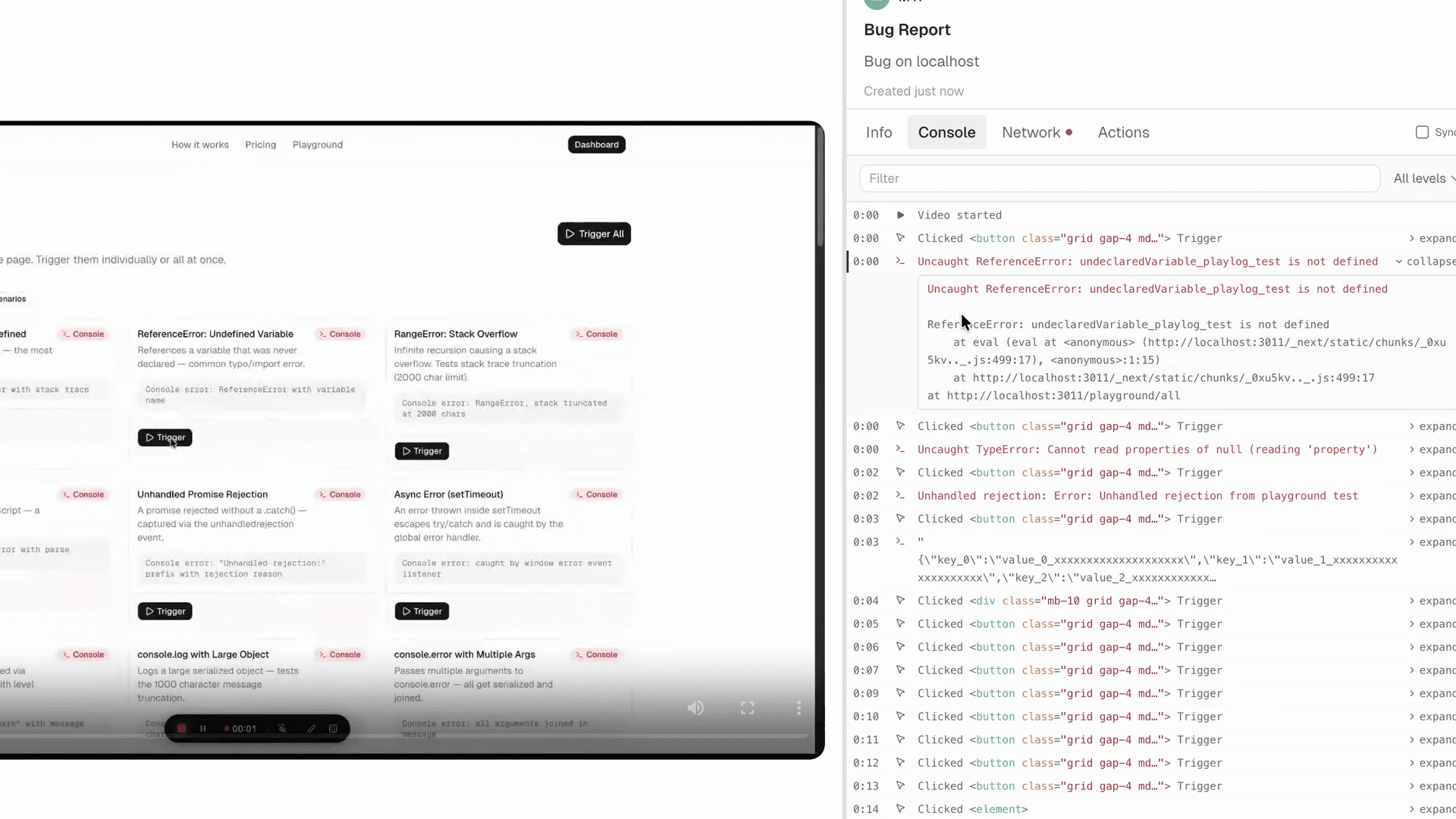 PlayLog captures every console error and warning synced to the session timeline