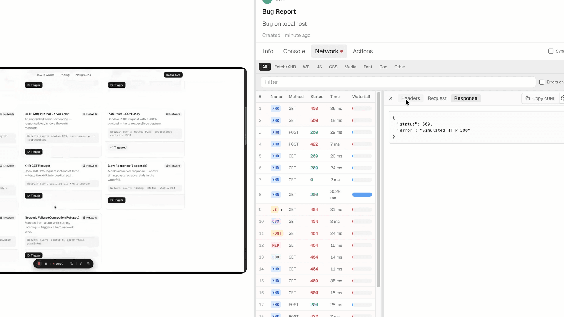 PlayLog network tab — every API request with status, timing, and response details captured automatically