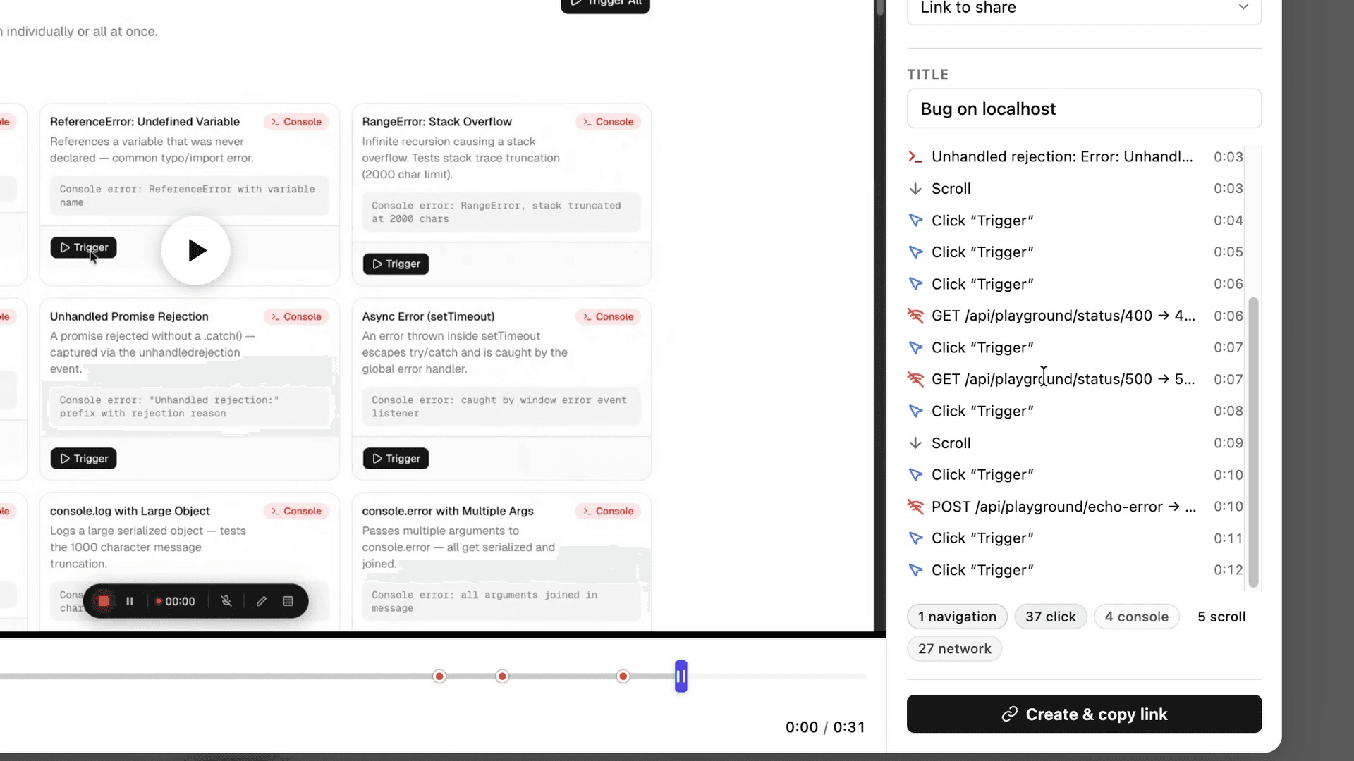 PlayLog records every user action with timestamps — the full reproduction sequence is captured automatically