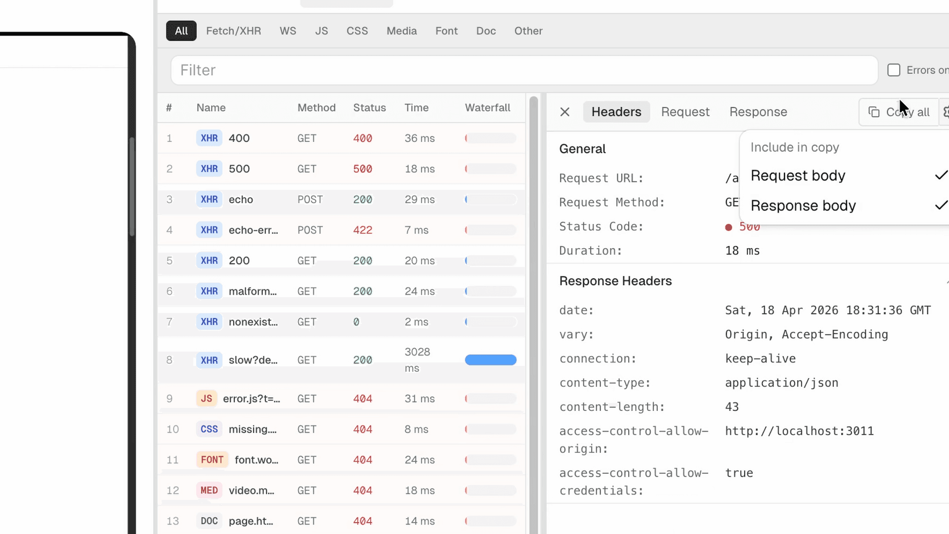 Copy any network request as curl with one click — headers, request body, and response payload included