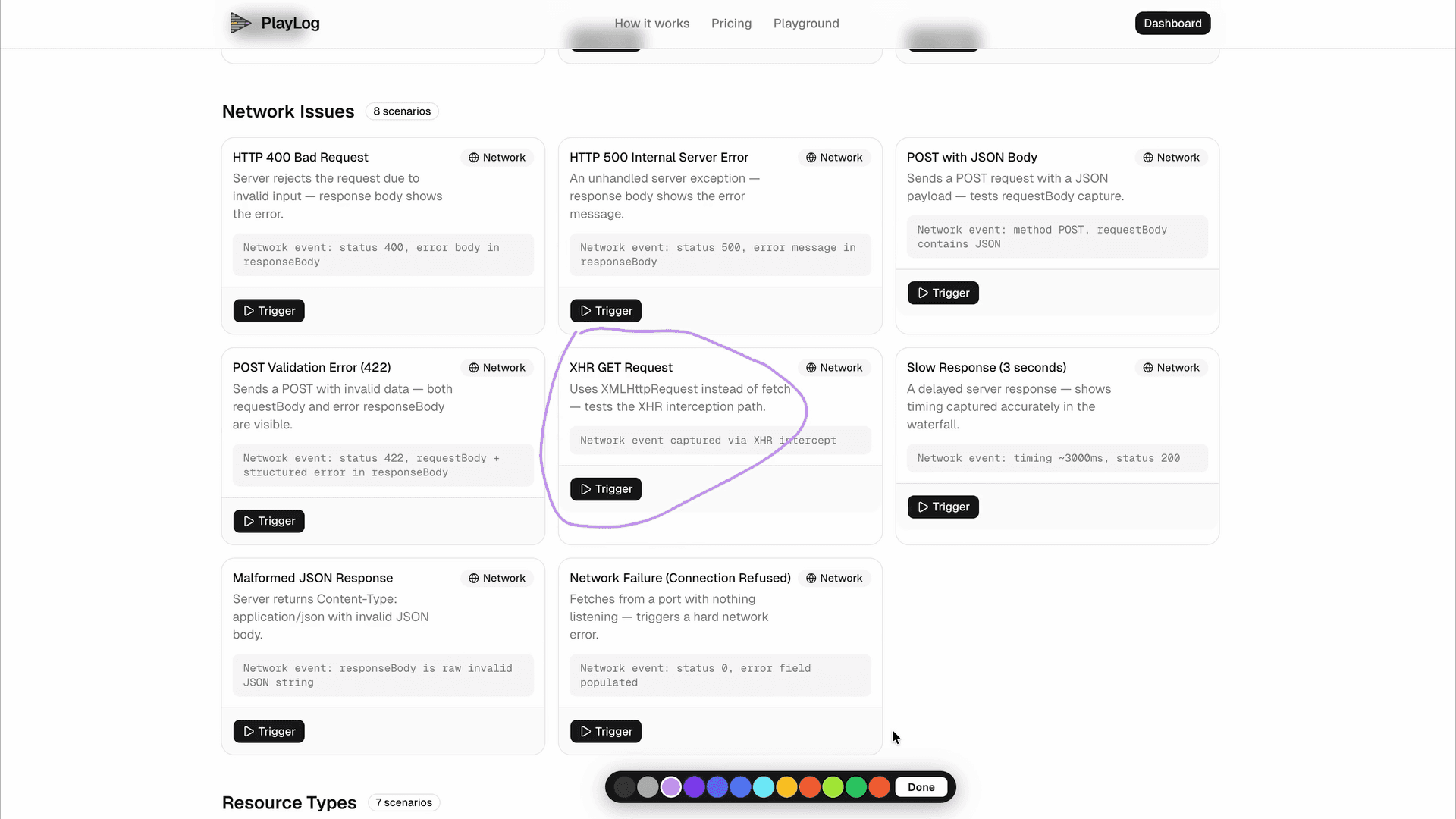 PlayLog session capture — screen recording, user actions, and network requests on a single timeline